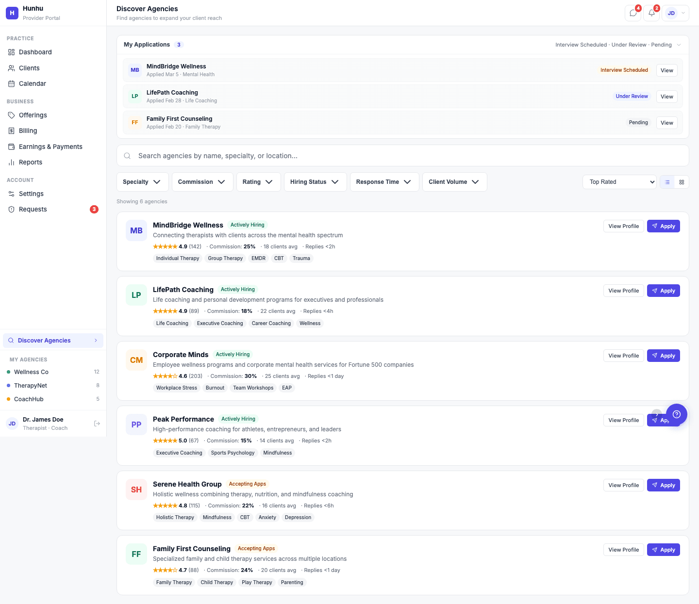 Discover agencies page on Hunhu platform