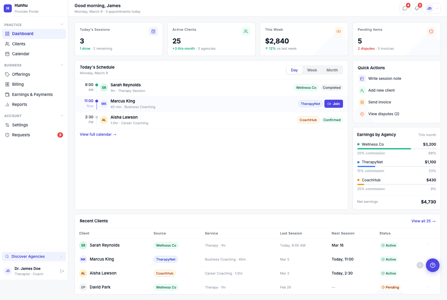 Provider profile with earnings and client details